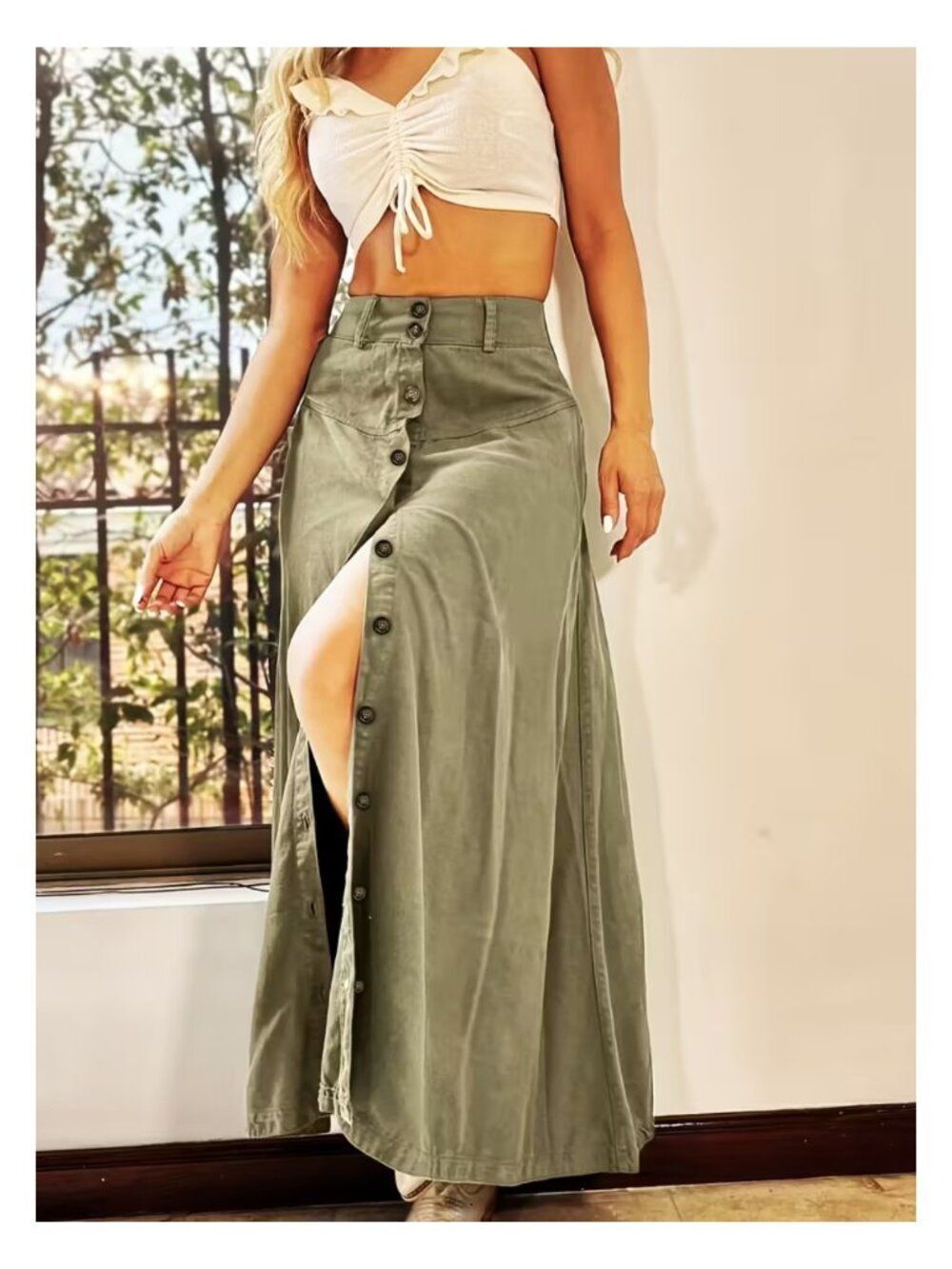 NWT Olive Green High Waist Button Front A-Line Midi Skirt Western Yoke 14